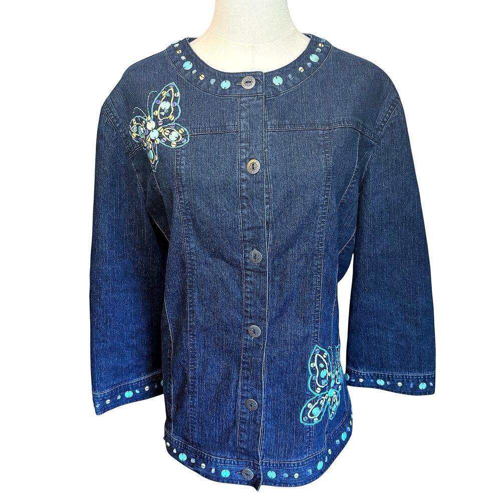 Alfred Dunner Denim Spring Jacket Butterflies Beaded Gemstone Sequin Women’s 16